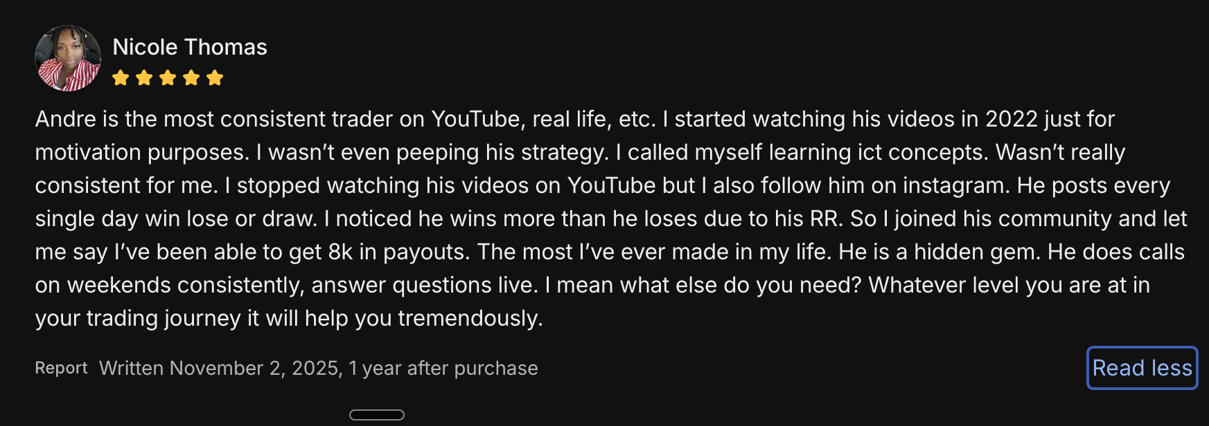 Five-star review of Andre's trading community 9